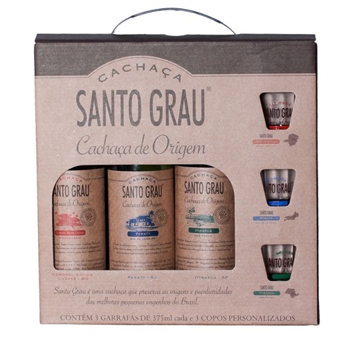 Santo Grau - Kit com 3 cachaças de 375 ml e 3 copos